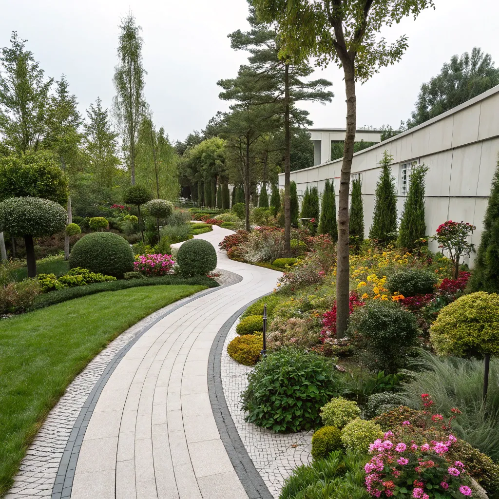 A modern garden design with path and plants